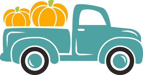 Cute pumpkin truck Svg cut file. Fall truck vector illustration isolated on white background. Autumn vintage old truck design for kids shirts, apparel, signs, cards and so on © Anastasiia