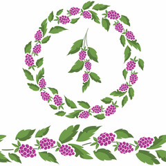 Vector set of round wreath with raspberries on foliate twig, seamless border with raspberries and berry foliate twig. Design elements for invitations, posters, banners, packaging, etc. - 495722249