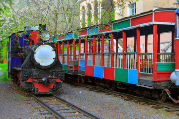 Fototapeta premium Abandoned historic locomotive at the Children's Railway Station in Yerevan. Armenia