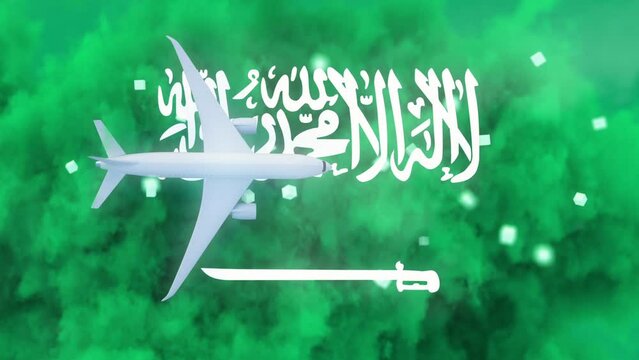 Airspace of Saudi Arabia - Airplane With Flag of Saudi Arabia At Background With clouds and 3D elements -3D Rendering Animation