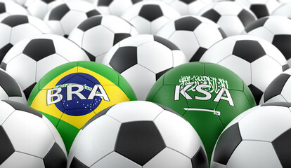 Obraz premium Brazil vs. Saudi Arabia Soccer match - Soccer balls in Brazil and Saudi Arabia national colors on a soccer field. Copy space on the right side - 3D Rendering 