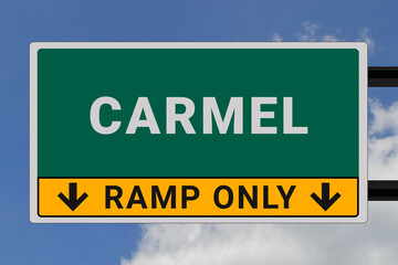 Carmel logo. Carmel lettering on a road sign. Signpost at entrance to Carmel, USA. Green pointer in American style. Road sign in the United States of America. Sky in background