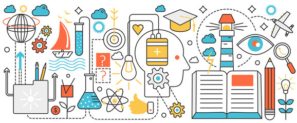Creative rational thinking and brainstorm technology. Research process in abstract head with battery and light bulb, science knowledge, education in infographic concept banner, thin line art design