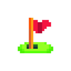 Fototapeta premium Flag in hole, pixel art icon, red flag isolated vector illustration icon. 8-bit sprite. Design stickers, logo, mobile app.