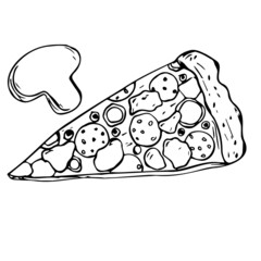 Black and white pizza with Olives, mushrooms and sausage in doodle style.