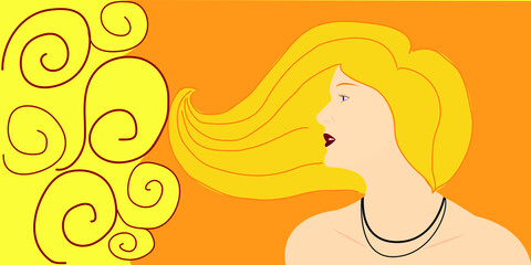 Linear vector portrait of a woman in profile in orange tones. Beauty illustration