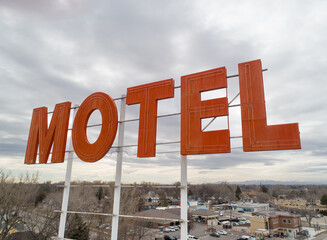 Angled view of a motel sign