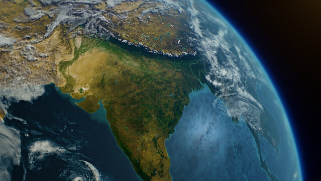 Cinematic realistic planet Earth rotation of Asia India part from space. Sun reflection in the ocean
