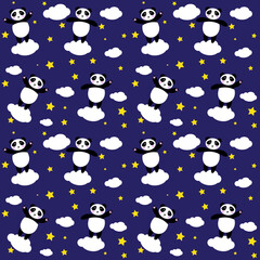 Panda seamless background, happy cute panda flies in the sky between clouds and stars. Vector illustration for kids