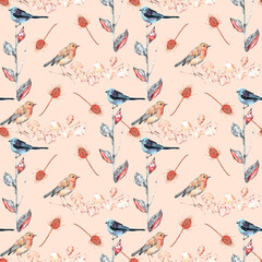 Watercolor seamless pattern with birds and wild dry plants.