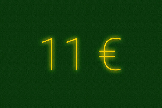 11 ? euro logo. eleven euro neon sign. Number eleven on green wall. 2d image