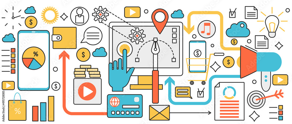 Poster digital marketing, seo technology. network development and data analysis, web commerce and market re