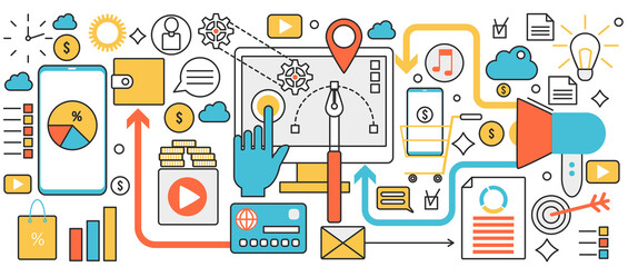 Digital marketing, seo technology. Network development and data analysis, web commerce and market research, social promotion, advertising innovation in infographic concept banner, thin line art design