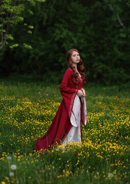 Red haired maiden in medieval dress walking in field of yellow flowers. Fantasy historical portrait