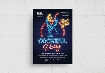 Neon Cocktail Party Happy Hour Flyer Poster Template