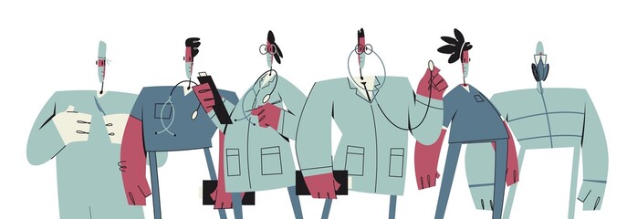 Doctors and nurses wearing masks. Medical workers, surgeon, paramedic. Set of hospital staff characters. Cartoon flat vector illustration.