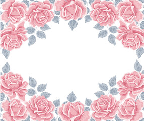 Flower pink rose, green leaves. Floral poster, invite. Vector arrangements for greeting card or invitation design