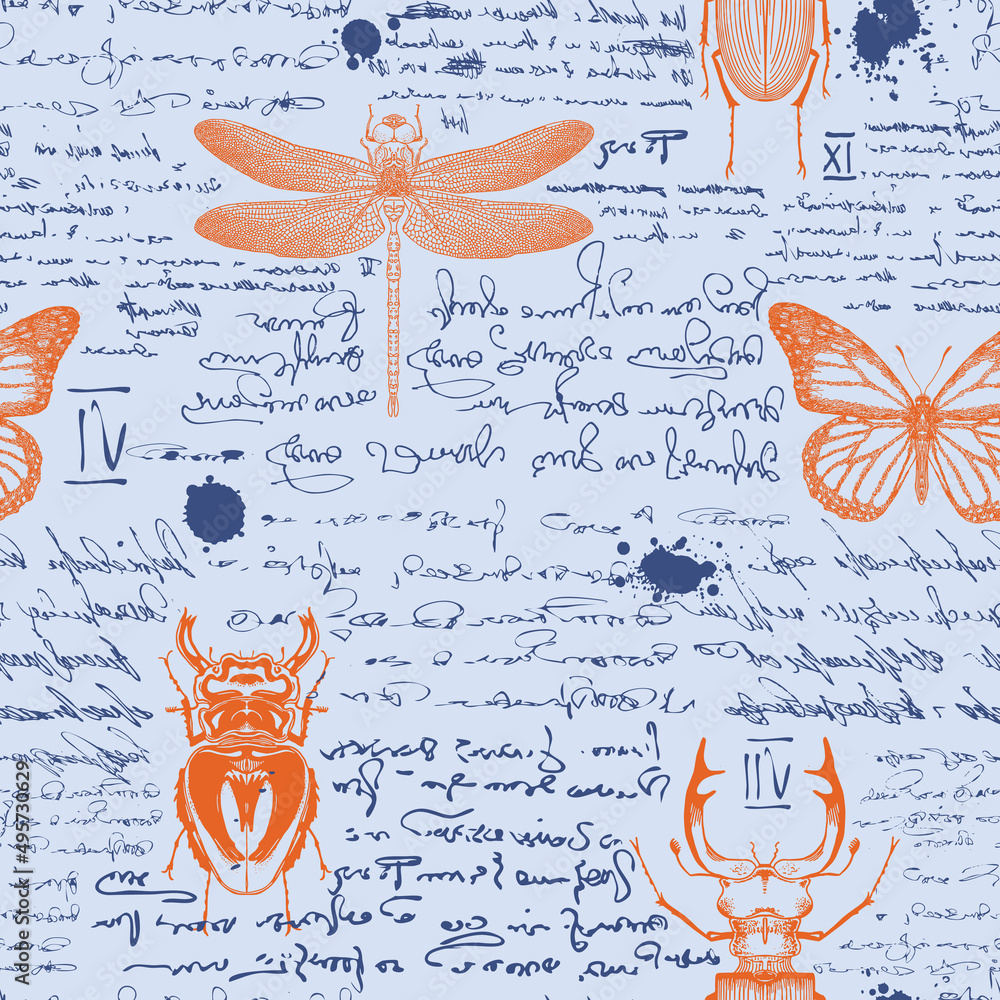 Poster vector image of a seamless textured background in the style of notes from an entomologist diary with