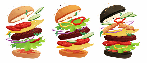 Delicious flying burger with chili, tomato, cheese, cucumber, meat, onion, ketchup and salad. Bun with sesame. Cartoon vector illustration.