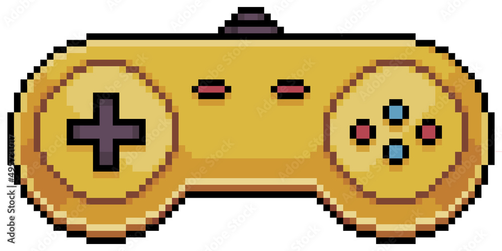 Poster pixel art video game controller. golden joystick vector icon for 8bit game on white background