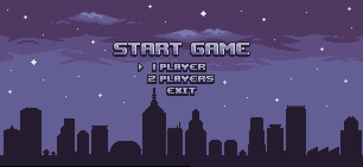 Pixel art city game home screen. Vector 8bit game background with sky, buildings, constructions © Kaleb