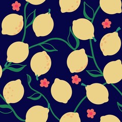 Hand drawn colorful seamless pattern of lemons. Citrus fruit background.