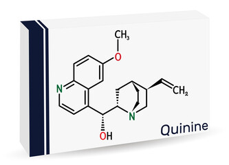 Quinine molecule. It is natural alkaloid derived from the bark of the cinchona tree, used to treat malaria and babesiosis. Skeletal chemical formula. Paper packaging for drugs