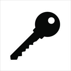 Key icon. Isolated key symbol in black color. Simple door key or mobile app design element. Silhouette of privacy or protection symbol. Classic unlock tool. Vector EPS 10.