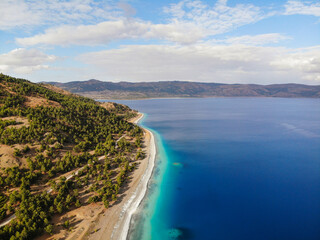 Deserted crystal clear blue Salda lake from above in Burdur, Turkey