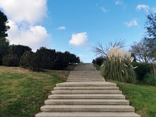 View of stairs leading up a hill in the Juan Carlos park in Madrid, Spain
