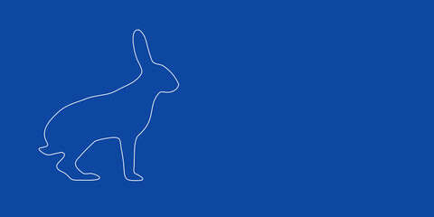 A large white outline hare symbol on the left. Designed as thin white lines. Vector illustration on blue background