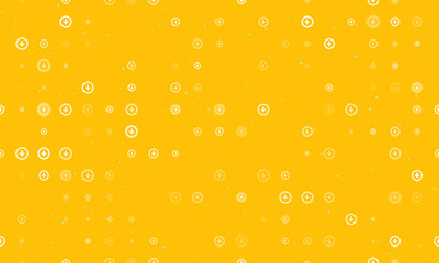 Seamless background pattern of evenly spaced white download symbols of different sizes and opacity. Vector illustration on amber background with stars