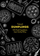 Dumplings top view frame. Food menu design template. Hand drawn vector illustration. Chinese dumplings. Vintage illustration. Hand drawn food sketch. Design template.