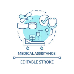 Medical assistance turquoise concept icon. Countries providing aid abstract idea thin line illustration. Medical treatment. Isolated outline drawing. Editable stroke. Arial, Myriad Pro-Bold fonts used