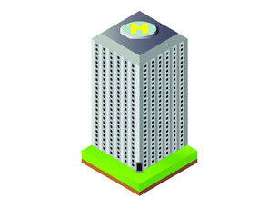 Isometric city building, skyscraper on a square of green grass, urban element, vector illustration