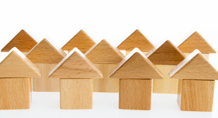Many wooden houses on white background