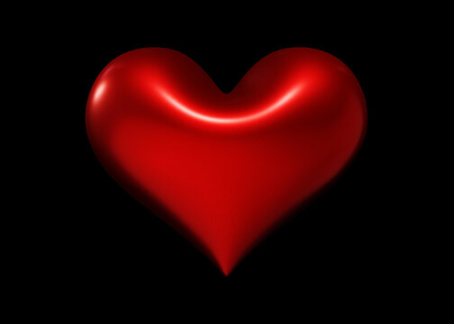 Red shiny heart hovering over black background in the middle of the image. 3d rendering