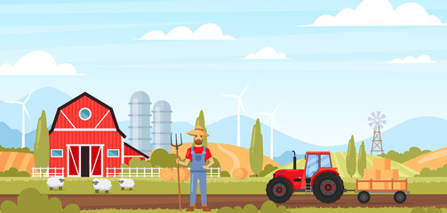 Agriculture and farming. Vector rural landscape with farm, farmer, windmill, sheep, tractor. Autumn fall summer fields farming illustration. Eco summer village concept. Alternative energy resource