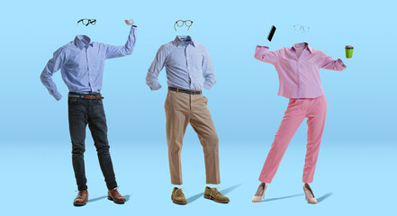 Three stylish invisible persons wearing modern business style outfits and eyeglasses standing against blue background. Concept of fashion, style - obrazy, fototapety, plakaty
