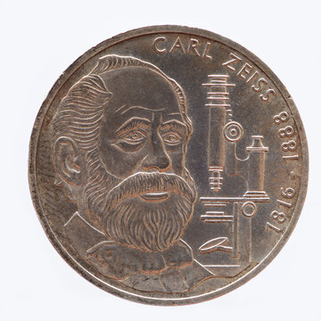 Germany - circa 1988: a 10 DM coin of Germany with a portrait of the mechanic and entrepreneur Carl Zeiss