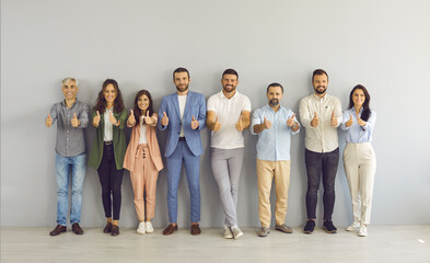 Business team doing thumbs up together. Studio group portrait of happy successful young and senior people standing in row, giving thumbs up and smiling, sharing positive review or supporting best idea