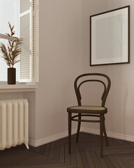Minimalist wooden living room in dark tones, lounge, waiting room, rattan chair with window and shutters. Herringbone parquet floor. Frame mockup, template, interior design