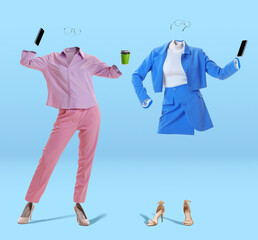 Two stylish invisible women wearing modern casual style outfits and eyeglasses using phones on blue background. Concept of fashion, style