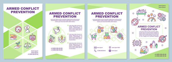 Armed conflict prevention green brochure template. Achieving peace. Leaflet design with linear icons. 4 vector layouts for presentation, annual reports. Arial-Black, Myriad Pro-Regular fonts used