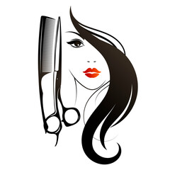 Girl with curls of hair. Scissors and comb stylist. Beauty salon and barbershop symbol