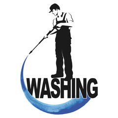 Washing and cleaning symbol for business. Washer in uniform with tool