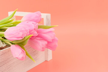 Beautiful pink tulips and Easter eggs, pink, blue, blue. Easter concept. Greeting card, trend color