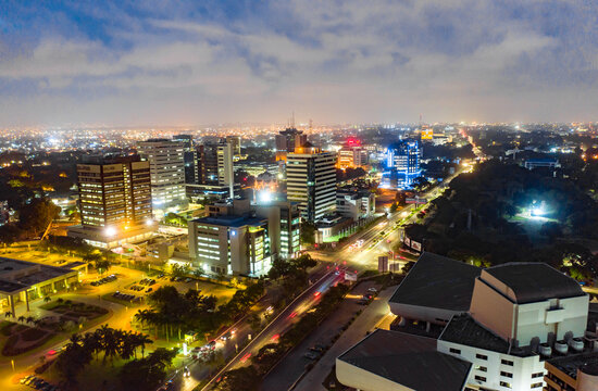 Aerial shot of the city of Accra in Ghana at night