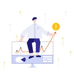Happy investor looking at growing market graph of cryptocurrency. Man with report on computer screen flat vector illustration. concept for banner, website design or landing web page