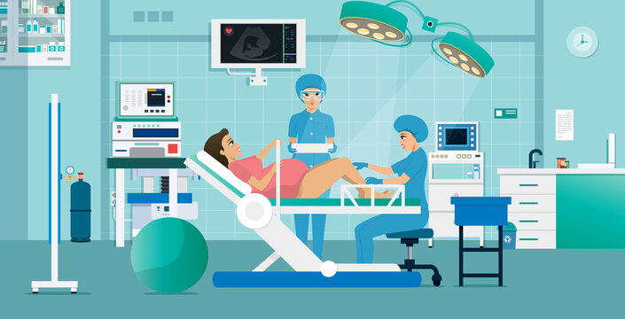 A doctor is giving a natural birth to a pregnant woman.